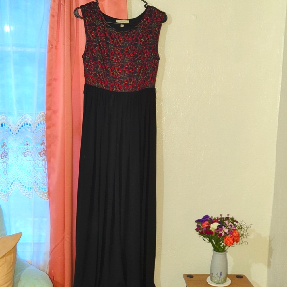 Long, black, red and gold dress